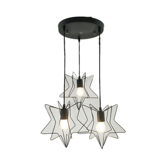 Industrial Star Cage Pendant Light with 3 Metallic Heads for Restaurants, with Linear/Round Canopy in Black/White