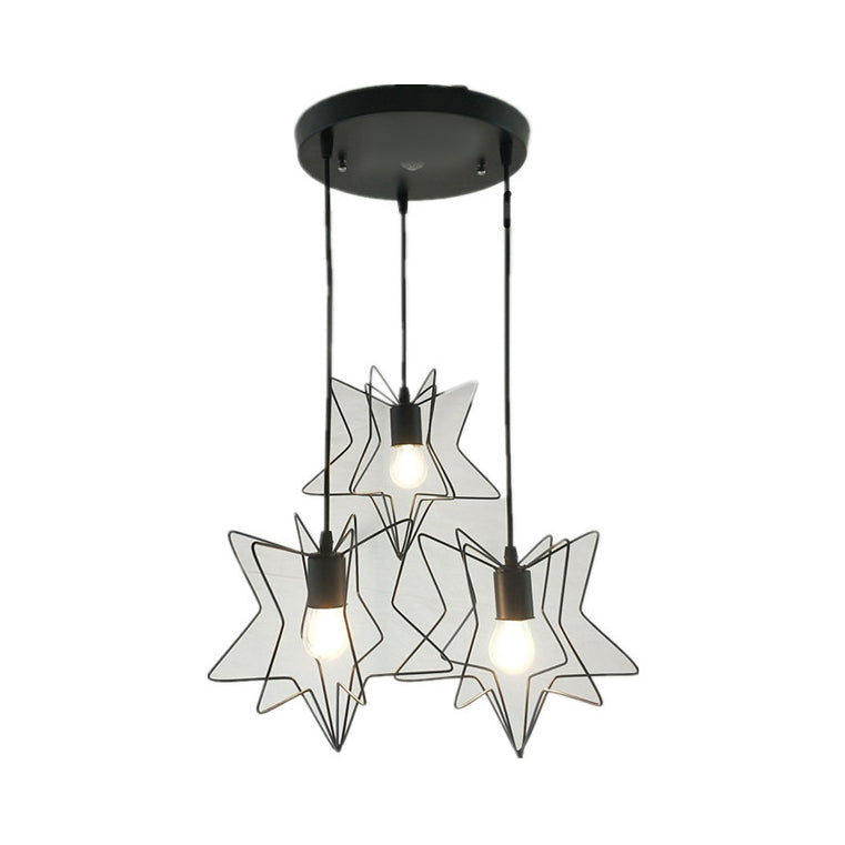 Industrial Star Cage Pendant Light - 3 Heads With Canopy In Black/White Black / Round