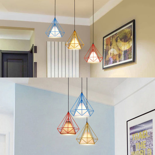 Industrial Style Caged Hanging Light with Multi-Color Metal and Fabric, 3 Lights Pendant Lighting - Indoor Use