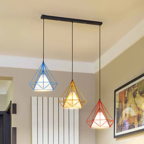 Industrial Style Caged Hanging Light with Multi-Color Metal and Fabric, 3 Lights Pendant Lighting - Indoor Use