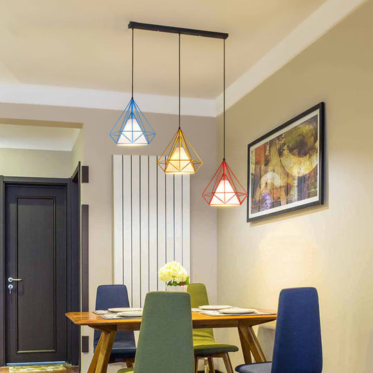 Industrial Style 3-Light Metal And Fabric Hanging Pendant With Multi-Color Cage Design For Indoor