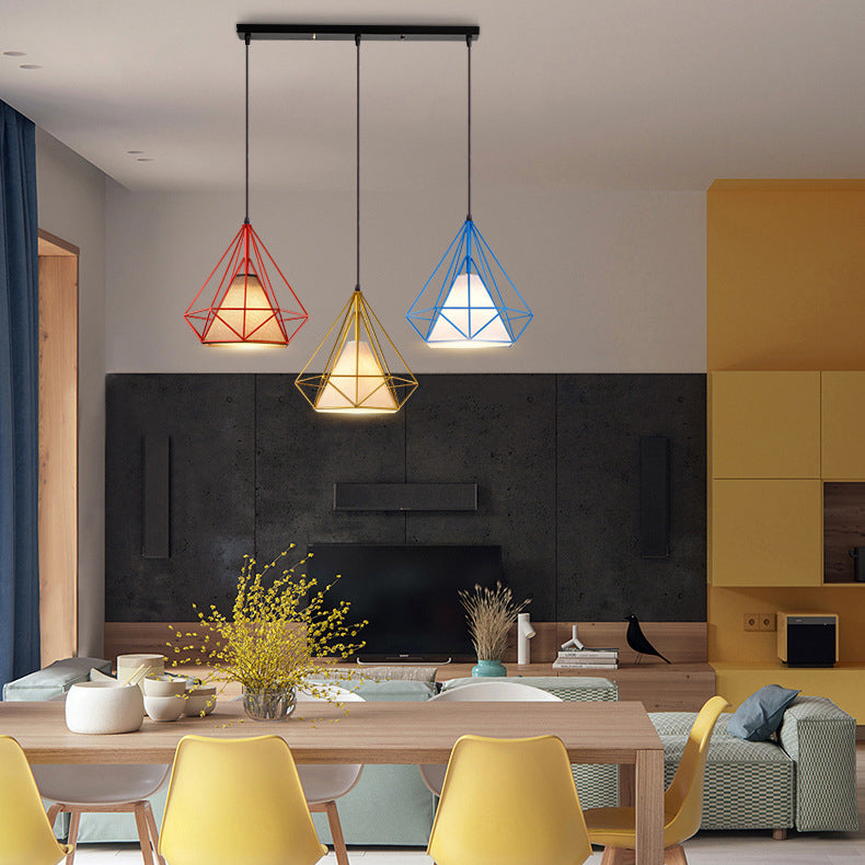 Industrial Style 3-Light Metal And Fabric Hanging Pendant With Multi-Color Cage Design For Indoor