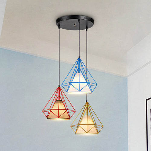 Industrial Style Caged Hanging Light with Multi-Color Metal and Fabric, 3 Lights Pendant Lighting - Indoor Use