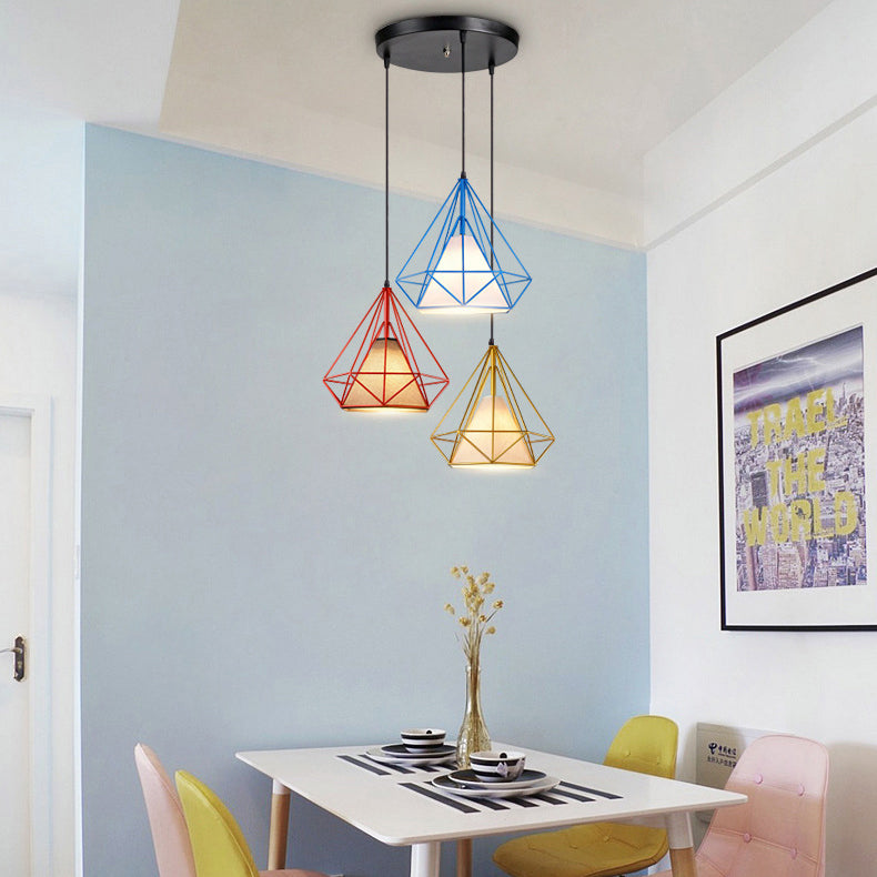 Industrial Style 3-Light Metal And Fabric Hanging Pendant With Multi-Color Cage Design For Indoor