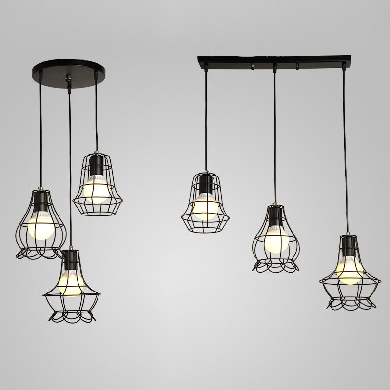 Industrial Style Black Wire Frame Ceiling Light with 3 Hanging Pendant Lights and Round/Linear Canopy