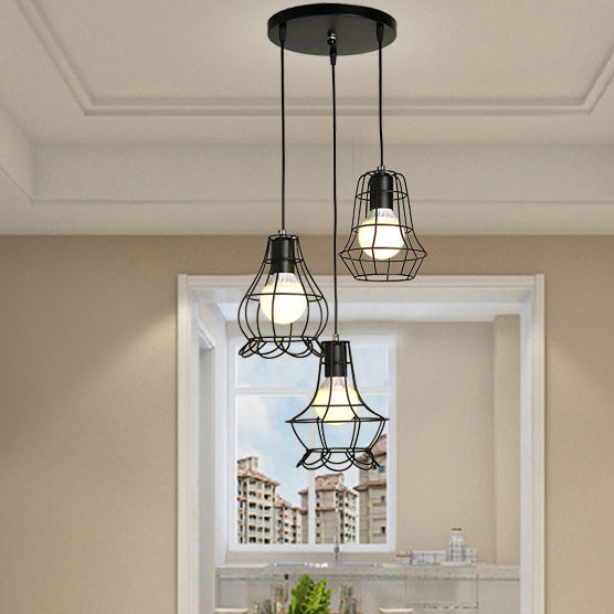 Industrial Style Black Wire Frame Ceiling Light with 3 Hanging Pendant Lights and Round/Linear Canopy