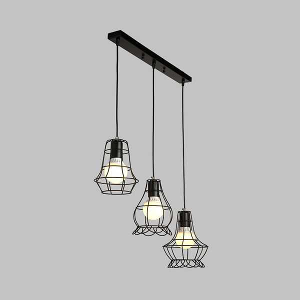 Industrial Style Black Wire Frame Ceiling Light with 3 Hanging Pendant Lights and Round/Linear Canopy