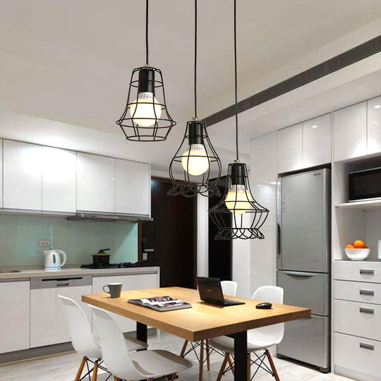 Industrial Style Black Wire Frame Ceiling Light with 3 Hanging Pendant Lights and Round/Linear Canopy