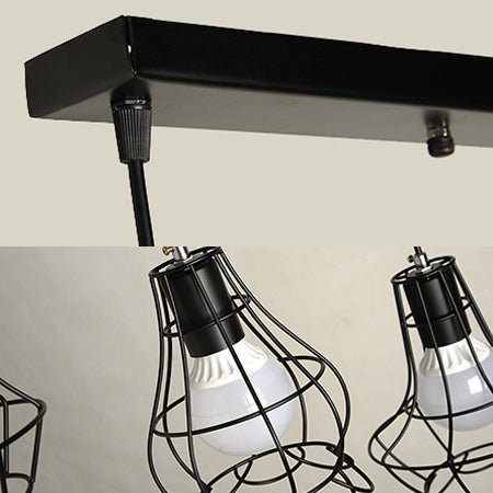 Industrial Style Black Wire Frame Ceiling Light with 3 Hanging Pendant Lights and Round/Linear Canopy