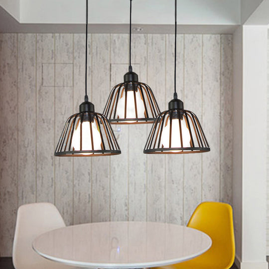 Dome Pendant Light With Metal Frame: 3-Light Kitchen Ceiling Hanging In Black / Round