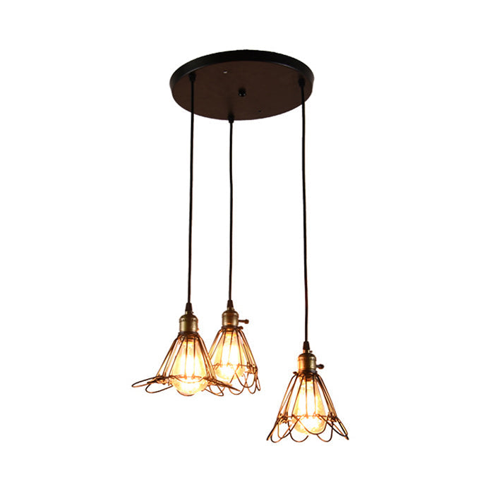 Vintage Industrial Metal Pendant Light With Petal Design - Farmhouse Hanging Lamp 3 Bulbs Black