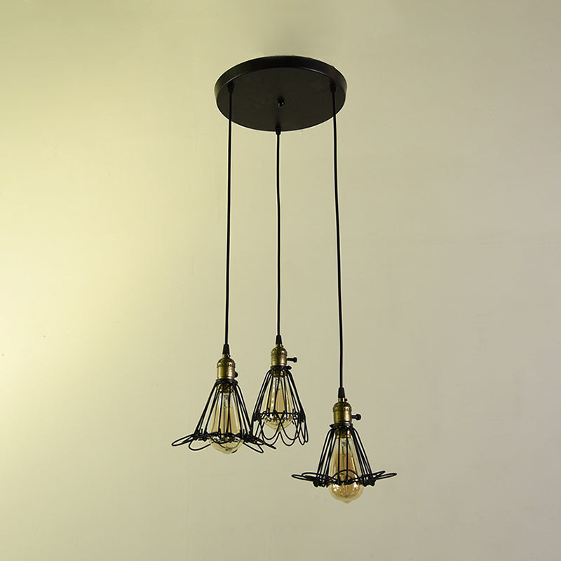 Vintage Industrial Metal Pendant Light With Petal Design - Farmhouse Hanging Lamp 3 Bulbs Black