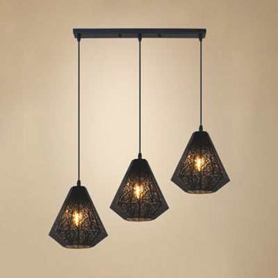 Industrial Metal Hanging Ceiling Light With 3 Black/White Etched Diamond Lights - Perfect For