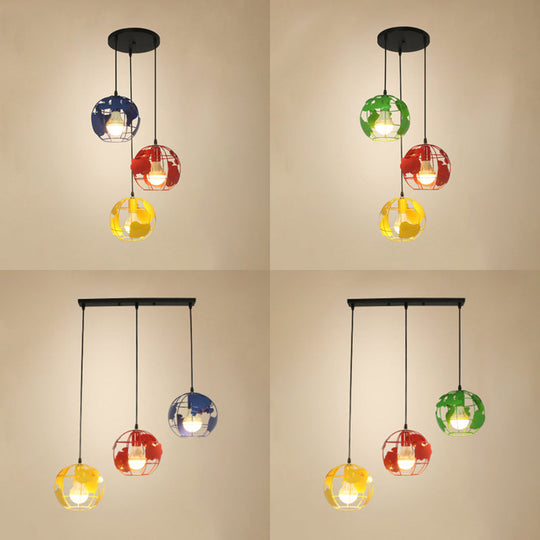 Industrial Tellurion Cage Pendant Light - 3 Lights Metal Suspension White/Blue Round/Linear Canopy