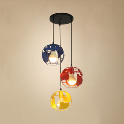 Industrial Tellurion Cage Pendant Light with 3 Lights, Metal Suspension in White/Blue