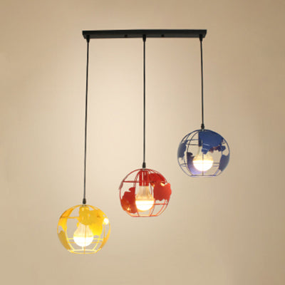 Industrial Tellurion Cage Pendant Light with 3 Lights, Metal Suspension in White/Blue