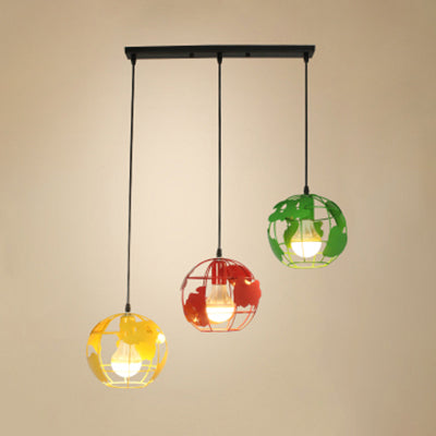 Industrial Tellurion Cage Pendant Light - 3 Lights Metal Suspension White/Blue Round/Linear Canopy