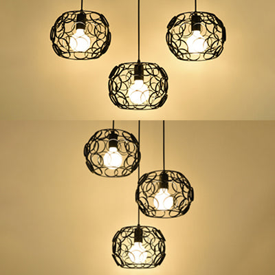 Retro Drum Shade Pendant Lamp with Metal Suspension and Wire Frame in Black - 3 Bulbs, Circles Design