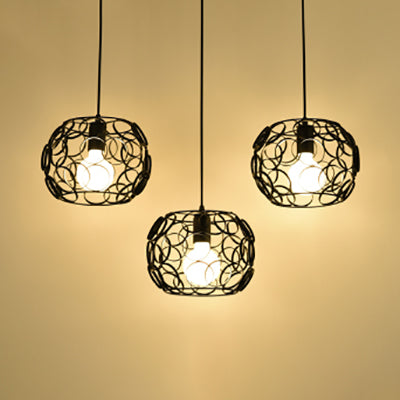 Retro Drum Shade Pendant Lamp with Metal Suspension and Wire Frame in Black - 3 Bulbs, Circles Design