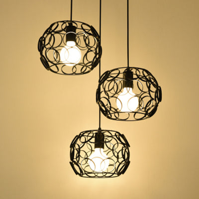 Retro Drum Shade Metal Pendant Lamp With Wire Frame 3 Bulbs And Circles Design In Black / Round