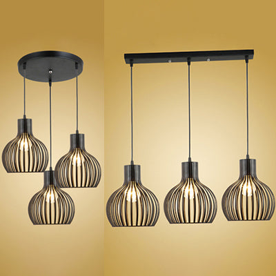 Black Iron 3-Light Onion Dining Room Pendant with Stylish Cage Shade for Loft - Hanging Light Fixture