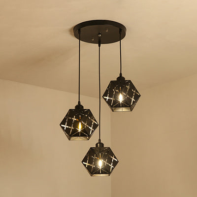 Industrial Geometric Pendant Light With Carved Metal Shade - 3 Lights Kitchen Hanging Lamp Black /