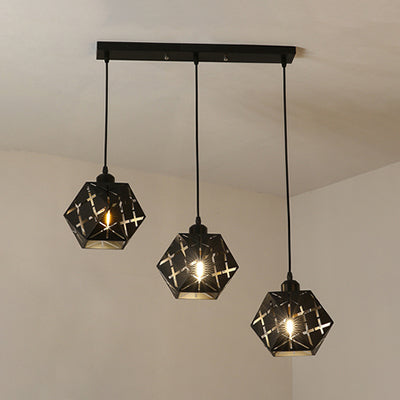 Industrial Geometric Pendant Light With Carved Metal Shade - 3 Lights Kitchen Hanging Lamp Black /