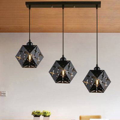 Industrial Geometric Pendant Light With Carved Metal Shade - 3 Lights Kitchen Hanging Lamp