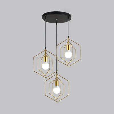 Retro Loft 3-Light Hexagon Metal Suspension Pendant In Gold / Round