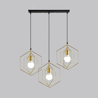 Retro Loft 3-Light Gold Hanging Pendant Light with Hexagon Metal Frame