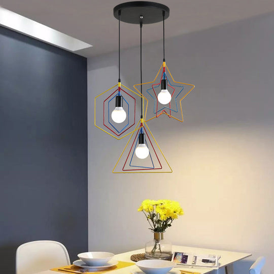 Geometric Industrial Pendant Light With 3 Multi-Colored Metal Lights For Dining Room Ceiling Hanging