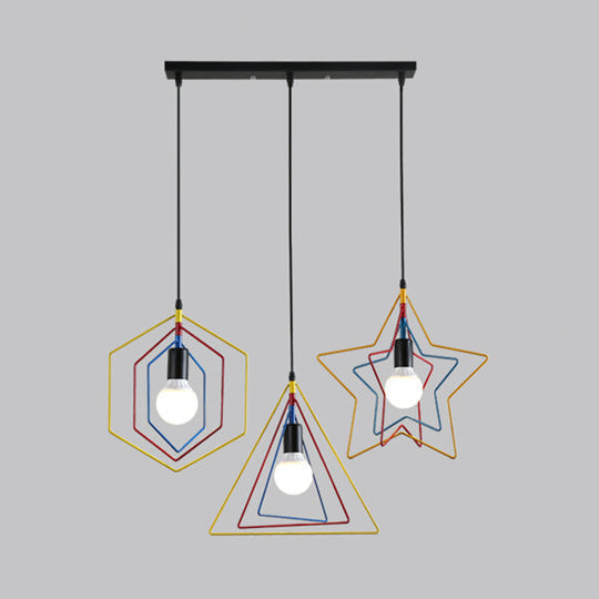 Geometric Industrial Pendant Light With 3 Multi-Colored Metal Lights For Dining Room Ceiling Hanging