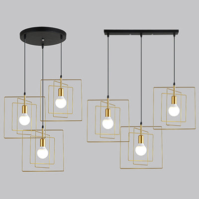 Vintage Industrial Pendant Light - Square Metal Frame With 3 Gold Lights For Dining Room Ceiling