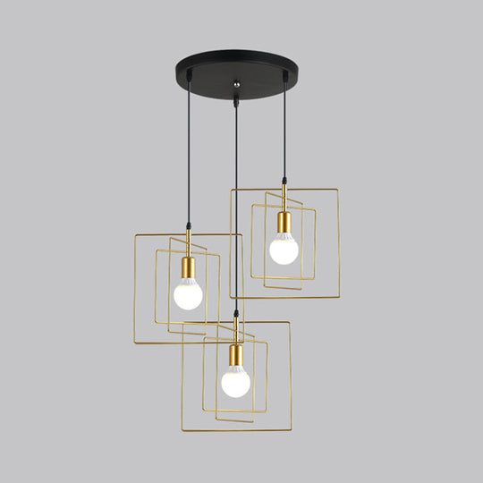 Vintage Industrial Pendant Light - Square Metal Frame With 3 Gold Lights For Dining Room Ceiling /