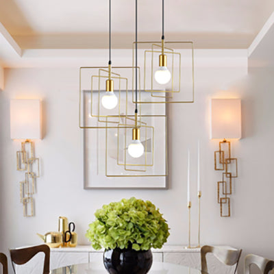 Vintage Industrial Pendant Light - Square Metal Frame With 3 Gold Lights For Dining Room Ceiling