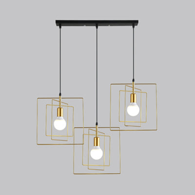 Vintage Industrial Metal Pendant Lighting with 3 Lights for Dining Room, Gold Frame Square Design