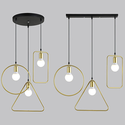 Gold Metal Frame Geometric Hanging Pendant Light | Industrial Style 3 Lights Round/Linear Canopy