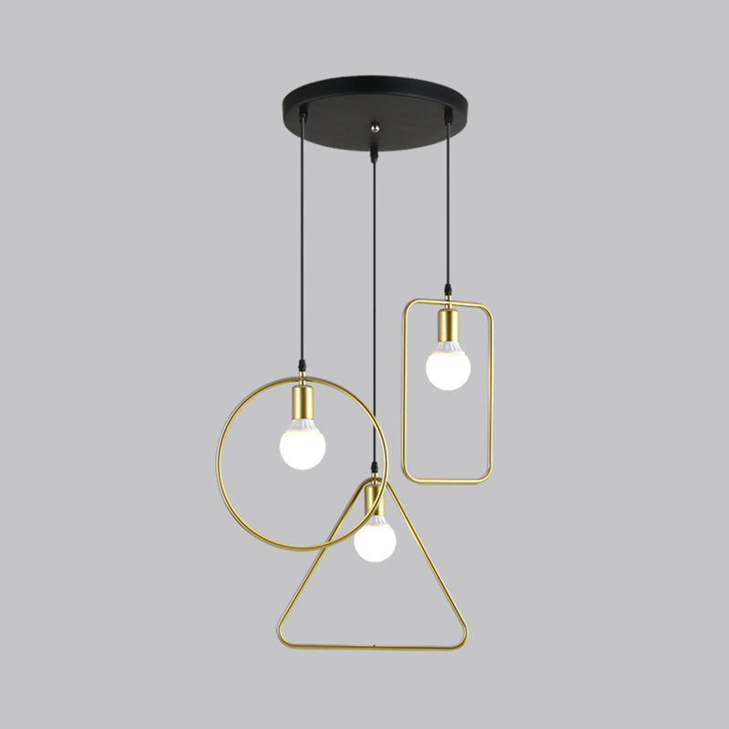 Industrial Style Geometric Hanging Light - Gold Metal Frame Pendant Lighting (3 Lights) - Round/Linear Canopy