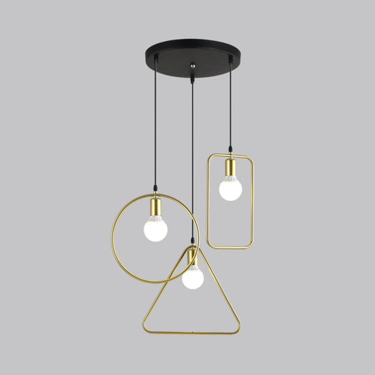 Gold Metal Frame Geometric Hanging Pendant Light | Industrial Style 3 Lights Round/Linear Canopy /