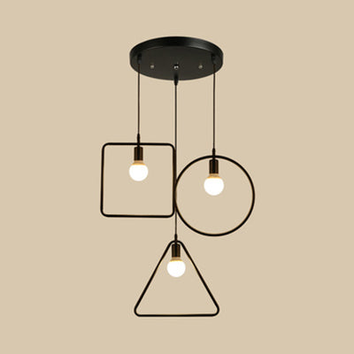 Industrial 3-Light Geometric Metal Frame Pendant with Black Finish for Dining Room Ceiling