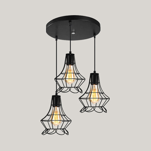 Vintage Industrial Caged Pendant Lighting - 3-Head Metallic Ceiling Light Black