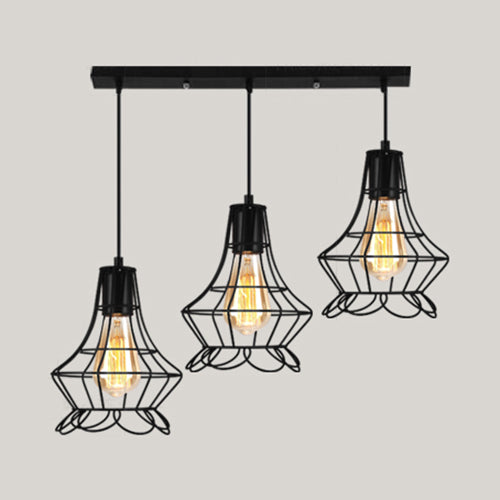 Vintage Industrial Caged Pendant Lighting - 3-Head Metallic Ceiling Light Black