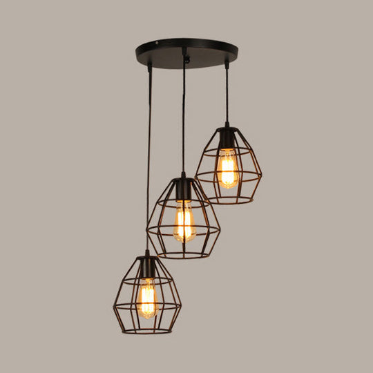 Vintage Industrial Caged Pendant Lighting - 3-Head Metallic Ceiling Light Black