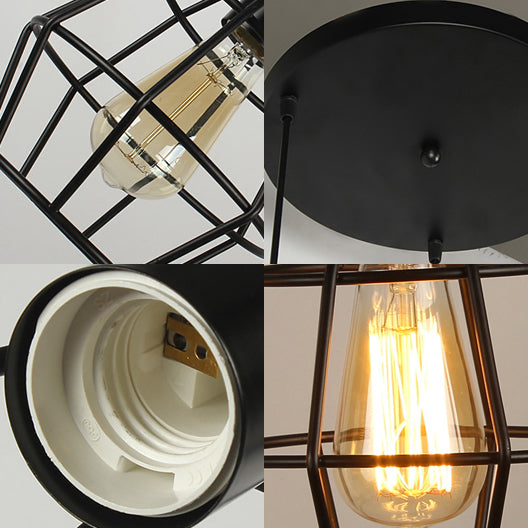 Vintage Industrial Caged Pendant Lighting - 3-Head Metallic Ceiling Light Black