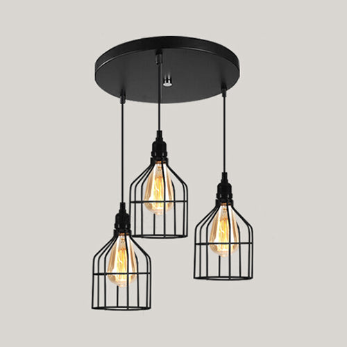 Vintage Industrial Caged Pendant Lighting - 3-Head Metallic Ceiling Light Black