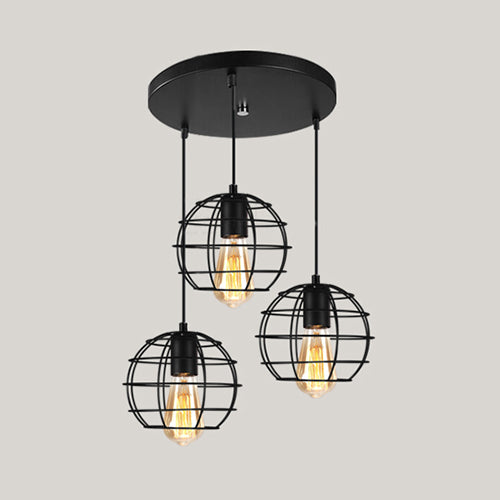 Vintage Industrial Caged Pendant Lighting - 3-Head Metallic Ceiling Light Black