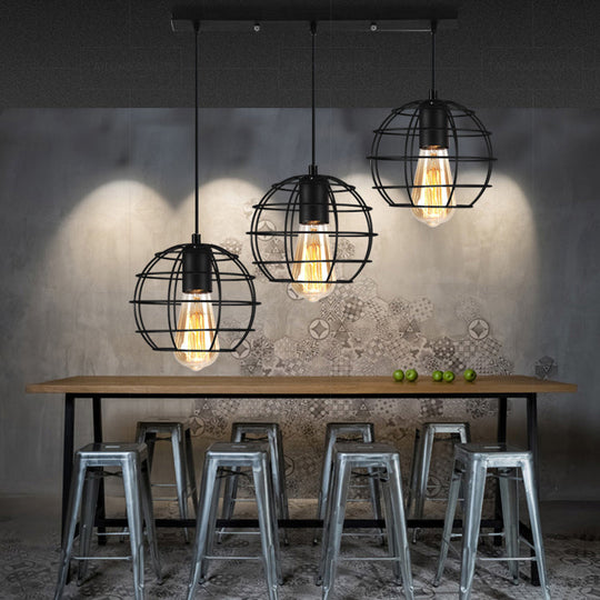 Vintage Industrial Caged Pendant Lighting - 3-Head Metallic Ceiling Light Black