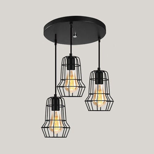 Vintage Industrial Caged Pendant Lighting - 3-Head Metallic Ceiling Light Black