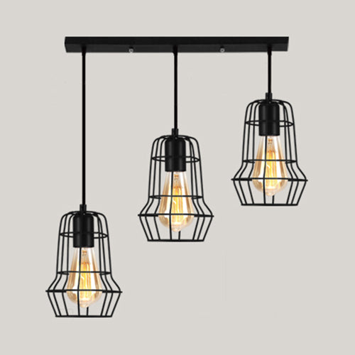 Vintage Industrial Caged Pendant Lighting - 3-Head Metallic Ceiling Light Black