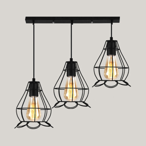 Vintage Industrial Caged Pendant Lighting - 3-Head Metallic Ceiling Light Black